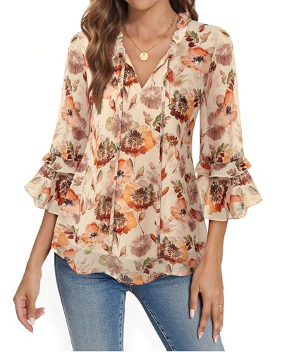 Furnex Womens Tops Dressy Casual Ruffle 3/4 Sleeve V Neck Elegant Floral Chiffon Blouses3