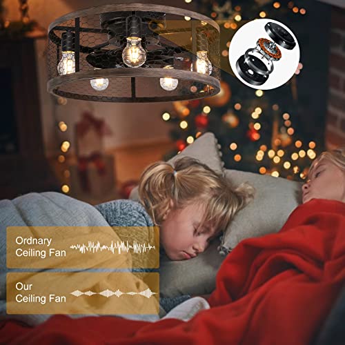 Ohniyou 20'' Flush Mount Caged Ceiling Fan with Lights Remote Control, Farmhouse Rustic Low Profile Small Vintage Enclosed Ceiling Fan Lighting Fixture Bedroom Dining Room - Image 4