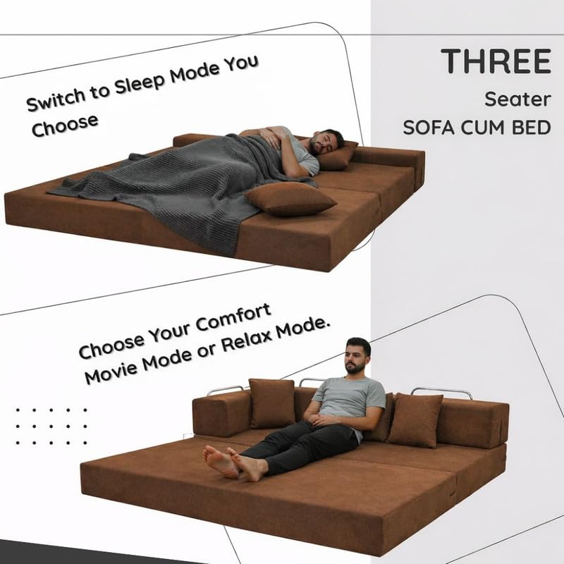 Image of Adorn India Easy Premium Modular 4 Seater Sofa Cum Bed | Velvet Suede Fabric | Colour Brown | Modern Design | Size 6x6 Fit | Comfortable for Seat & Sleep | Washable Cover | Perfect for Home & Office