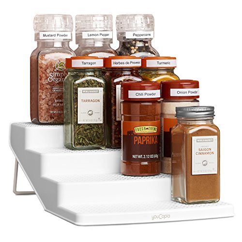 YouCopia ShelfSteps 4-Tier Spice Shelf Cabinet Organizer, Small with Labels, White