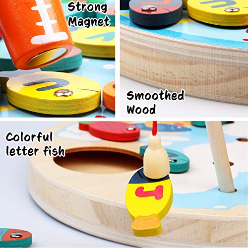 Lydaz 30 PCS Wooden Magnetic Fishing Game, Magnetic Alphabet Letters Fishing Toy, Montessori Toys Educational Games Fine Motor Skill Toys for 3 4 5 Year Old Boys Girls Kids Toddlers