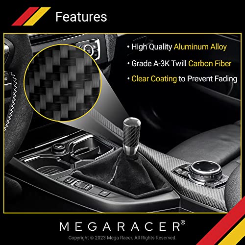 Mega Racer 100% Real Carbon Fiber & Silver Aluminum Shift Knob - For Buttonless Automatic And 4, 5, 6 Speed Manual Transmission Vehicles, Black Carbon Fiber Grip With Silver Top & Bottom, 1 Piece #TOP1