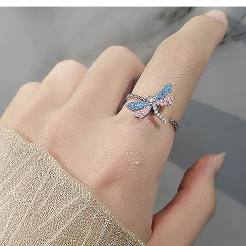 Cute Dragonfly Spinner Fidget Ring for Women Fashion Chic Statement Crystal Cubic Zirconia Pink Blue Anxiety Rotate Freely Inspirations Jewelry Adjustable Stacking Ring Dainty Engagement Gift Birthday2