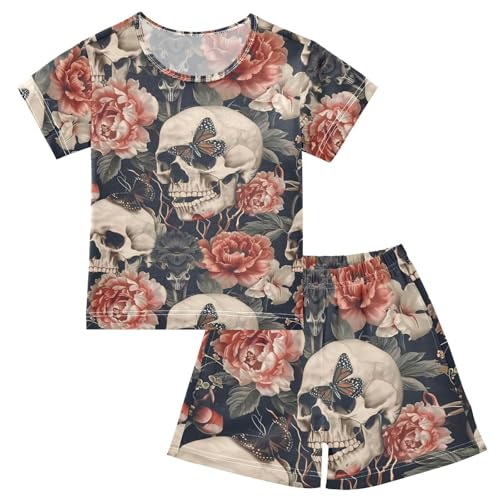 ALAZA Sugar Skull Peony Flower Butterfly Pajamas Set Short Sleeve Cotton Sleepwear Summer Pjs 2 Piece 5-14Y