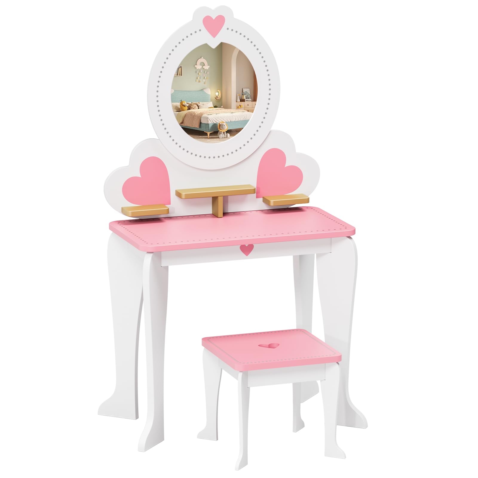 MAMIZO Schminktisch Kinder mit Abnehmbarem Spiegel, Kinderschminktisch Holz mit Hocker, 2 in 1 Prinzessin Frisiertisch, Kinderschreibtisch, Schminktisch Mädchen ab 3 Jahre, 50x33x91cm, Weiß