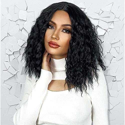 AISI QUEENS Short Curly Wig Black Wavy Bob Wigs for Women Synthetic Middle Part Shoudler Length Heat Resistant Wig for Daily Party Use 14 Inch