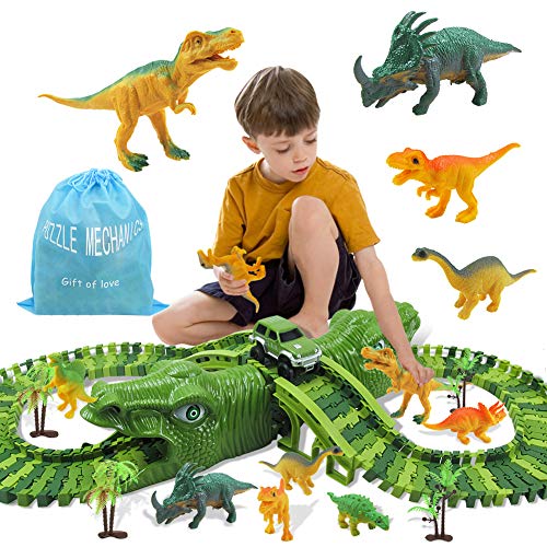 Preisvergleich Produktbild Zwini 153 Dinosarier Spielzeug Auto Rennenbahn Jurassische Welt mit8 Dinosauriern, 1 Militärfahrzeug, 4 Bäumen, 4 Brücken Kleinkindspielzeug für 3 4 5 6-jährige Kinder