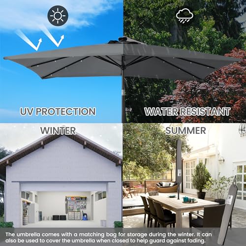 Rectangular Patio Umbrella 9ft by 7ft and 99in. Tall, Solar Powered Table Umbrella with 30 Diamond Shaped LEDs with Aluminum Black Frame with Grey Fabric for Patio, Backyard, Deck, and Camping Sun-Ray