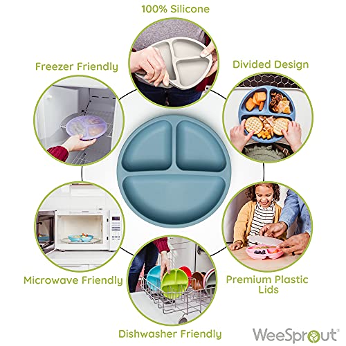 Weesprout Non-Suction Silicone Divided Plates (With Lids), 100% Food Grade Silicone Plates, Divided Plates For Toddlers, Kids & Picky Eaters, Dishwasher & Microwave Safe #TOP1