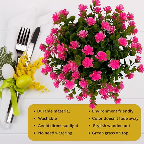 Image of Tdas Artificial Flower Plants Leaves Wooden Potted Eucalyptus Flowers Home Decor Greenery Small Faux with Pot for Indoor Shelf Desk Bathroom Bedroom Office Decoration (Pink)