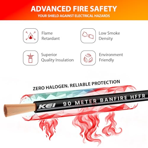 Image of KEI BANFIRE- HFFR 1.5 sqmm 1 Core 99.97% Pure Copper Conductor Heat Resistant Flame Retardant Low Smoke & Halogen - Lead Less House Wire for Domestic & Industrial Electrical Wiring (Black,90 Meters)