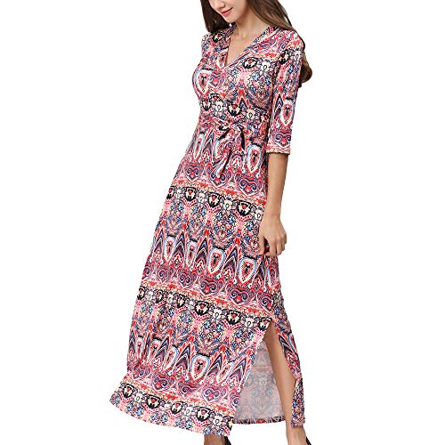 Kuty Vestido Boho, Vestidos Mujer, Floral Vestido, Vestido de Playa, Suelto Retro V-culleo Vestido, Vestidos Largos, Floral Manga Larga Mujer, Cuello en V, Cintura Elástica (S)
