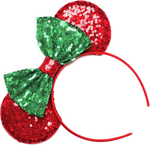Image of CLGIFT Rose gold Minnie Ears,Pick your color, Iridescent Minnie Ears, Silver gold blue minnie ears, Rainbow Sparkle Mouse Ears,Classic Red Sequin Minnie Ears (Christimas Red /Green)