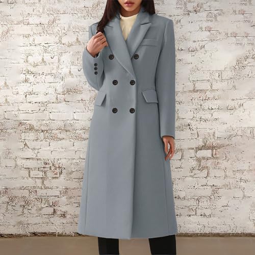 Ladies Wool Coats Notched Lapel Collar Double Breasted Trench Coat Long Wool Blend Pea Coat Autumn Winter Overcoat Plus Size Long Jackets Outerwear,Grey,XXL - Image 3