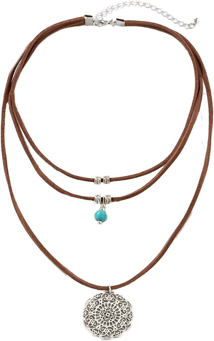Boho Layered Necklaces for Women Western Turquoise Necklace for Women Leather Necklace for Women Western Layered Necklaces Gift for Women