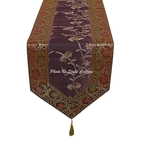Image of Coffee & Purple Table Runner Cloth for Dining Table Long Ari Zari Embroidery Banarsi Indian Satin Ethnic 72 Inch Runner Up with Tassels Living Room Tablecloth Overlay