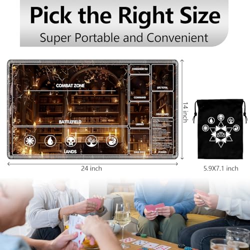 Image of for MTG Playmat with Card Storage Bag,Non-Slip Rubber Base & Smooth Surface 24x14in,Beginner-Friendly Magic Mat for Commander Deck,Library Bookshelf