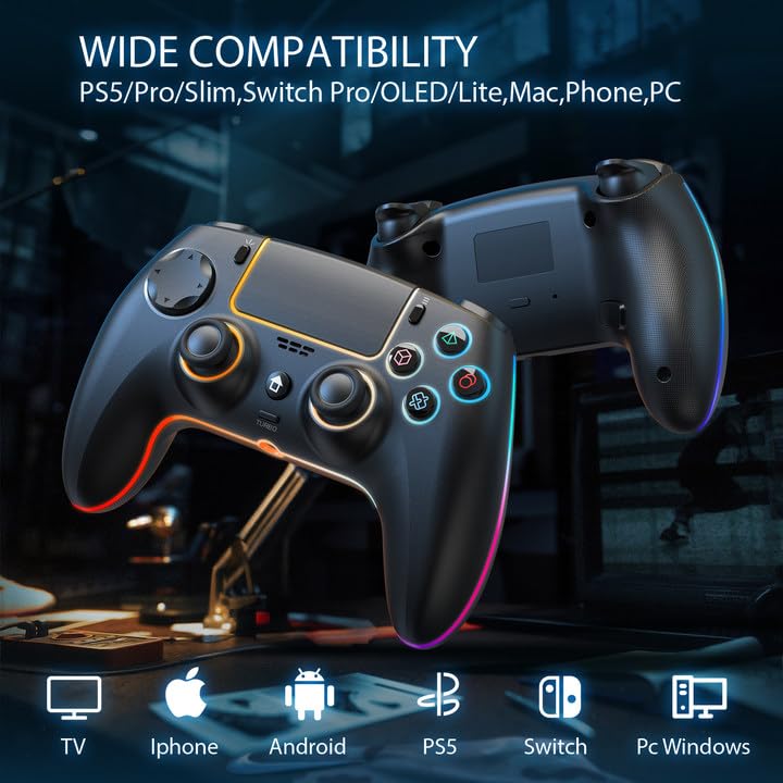 AFMVV Wireless Controller for PS5 with RGB LED,TURBO, Dual Vibration, 6 Axis Gyro Sensor, Touchpad, Ergonomic for Playstation 5 Controller, Compatible with PlayStation 5/PC/Mac/ios/Android/Steam Black