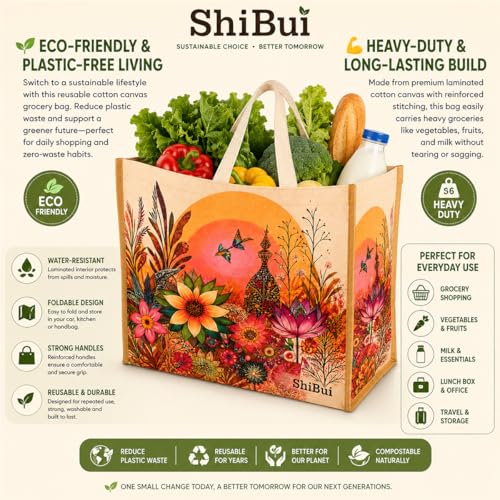 Image of SHIBUI Big Heavy Duty Large Eco Waterproof Cotton Canvas Cloth Grocery Shopping Bag for Men Ladies Vegetable Milk Fruits with Hand Carry Handle Lunch Box Jhola Tote Bags (3, Flower Print)