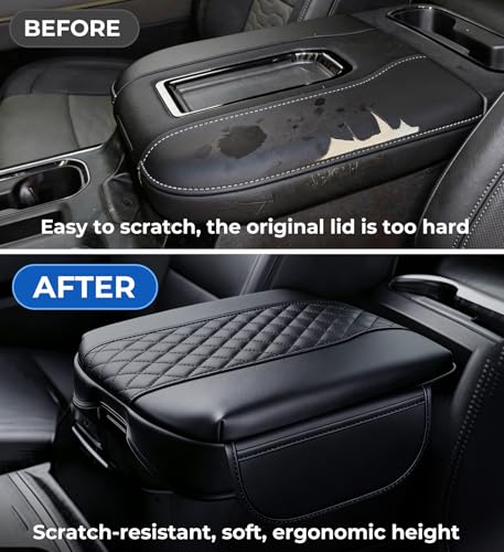 Image of Center Console Cover for Chevrolet Silverado & GMC Sierra 2019-2026, Tahoe & Suburban & Yukon 2021-2026, Fits Bucket Seat Only, 1.2-Inch Thick PU Leather Armrest Protector with 2 Side Pockets
