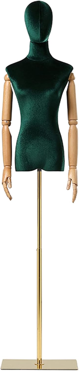 Adjustable Female Dress Form Mannequin with Velvet Torso, Solid Wood Arm & Metal Base for Clothing, Jewelry Display - Dark Green, Perfect for Tailoring & Boutique Use