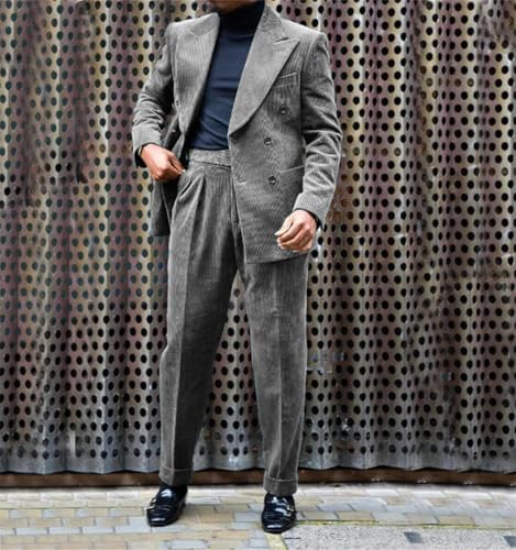 2 Piece Men's Corduroy Jacket Pants Sets Retro Slim Fit Business Coat and Pant for Wedding Formal Sets3