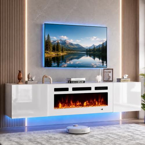 OneBlis 80 Floating TV Stand with 40 Electric Fireplace Wall Mounted Entertainment Center with Storage for TVs up to 90 Adjustable 12-Color LED Lights Media TV Console for Living Room