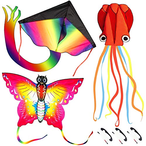 Nazano 3 Pack Kites-Large Rainbow Delta Kite Butterfly Kites Red Mollusc Octopus with Long Colorful Tail for Kids Adults Outdoor Game Activities,Beach Trip Great Gift to Boys Girls Age 3 4 5 6 and Up