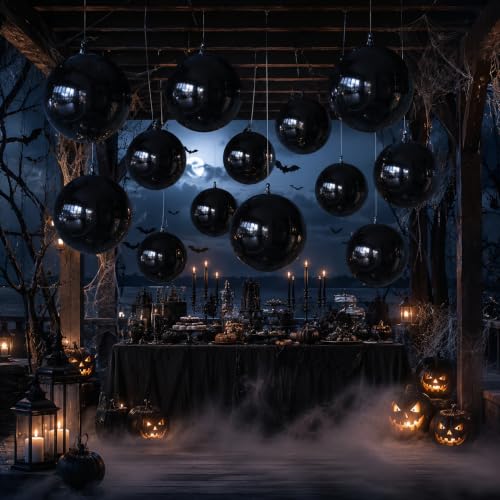 Image of 14 Pcs Black Round Foil Balloons Halloween Black 4D Ball Balloons