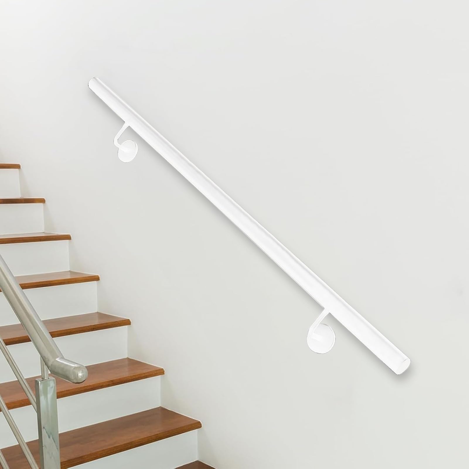 FKXSXAZ 30~600cm Modern Metal Stair Handrail, Wall Mount Support Staircase Bannister Rail for Indoor/Outdoor Steps, White Round Pipe Railing Non-Slip Safety Grab Bar(11.5ft/350cm)