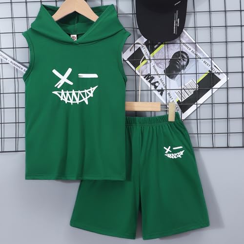 Image of Kids Boys Summer 2PCS Outfits Sleeveless Hooded Loose Casual Top Shirt and Elastic High Waist Sports Short Pant Set
