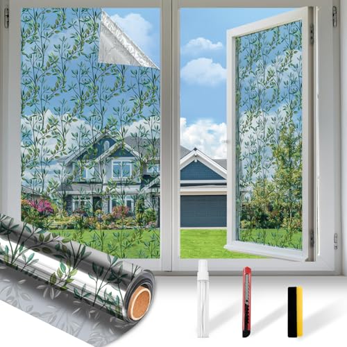 Countewol Upgraded Window Privacy Film One Way Daytime Privacy Static Cling Sun Blocking Anti UV Reflective Window Tint for Home and Office (Silver ?Leaves?, 17.5 X 78.7 in)