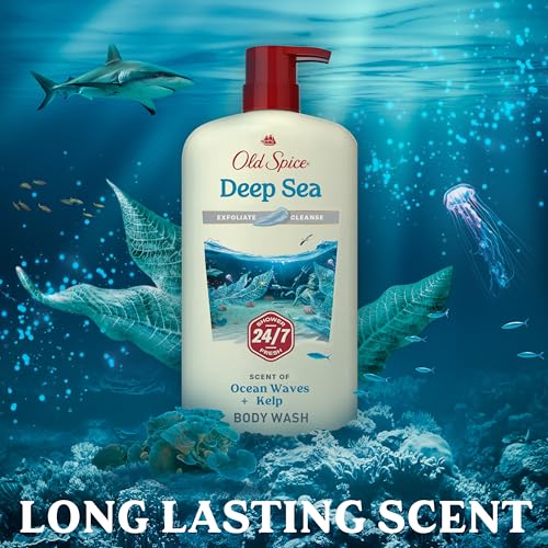 Image of Old Spice Cleansing Body Wash for Men, 24 /7 Shower Fresh with Lasting Scent, Exfoliate & Cleanse, Gentle on Skin, Vitamin B3, Deep Sea with Ocean Waves + Kelp Scent, 30 oz (Pack of 4)