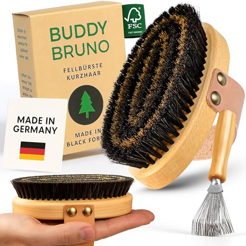 BUDDY BRUNO® Hundebürste Kurzhaar mit 100% Naturborsten, Fellbürste für die tägliche Fellpflege, Premium Striegel für Hunde & Katzenbürste, inkl. Bürstenreiniger, MADE IN DE