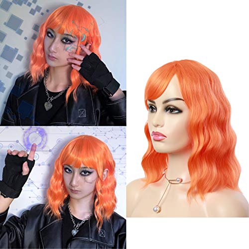 Orange Short Bob Wavy Wigs With Bangs For Women Natural Looking Synthetic Fiber Hair 12 Inches Curly Full Machine Party Cosplay Use(12-Orange)