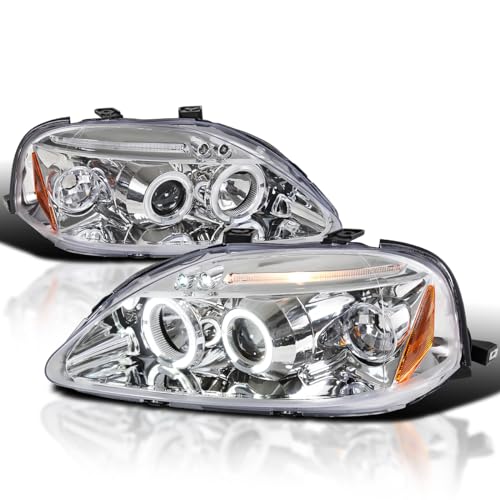 Spec-D Tuning LED Halo Chrome Housing Clear Lens Projector Headlights Compatible with 1999-2000 Honda Civic 2/3/4Dr, Left + Right Pair Headlamps Assembly