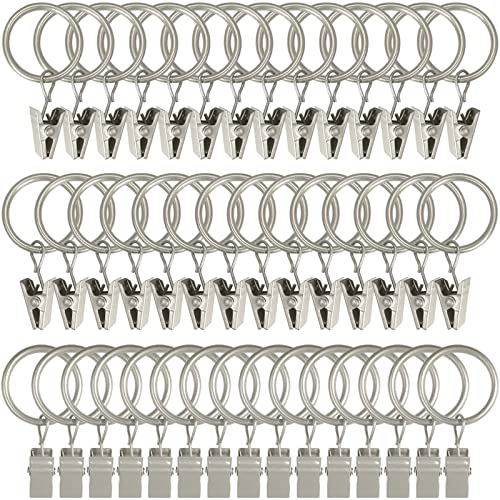 Image of WeeksEight 44 Pack Matte Silver Curtain Rings with Clips, Curtain Hooks Hangers Clip Rings for Hanging Drapes Bows Hat, Drapery Rings 1 in I D, Fits up to 5/8 in Diameter Curtain Rod.