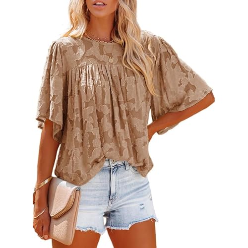 Dokotoo Womens 3/4 Bell Sleeve Blouse Summer Crewneck Lace Tops Floral Textured Babydoll Shirts