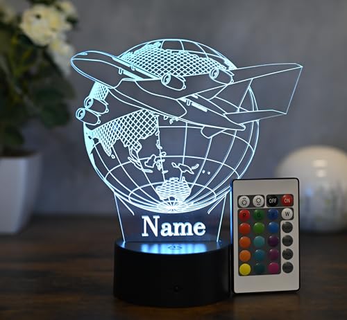 Optechvisual Lampe LED personnalisée en forme d'avion - Veilleuse avec nom - Cadeau pour pilotes, agents de bord et fans de voyage - Lampe de table...