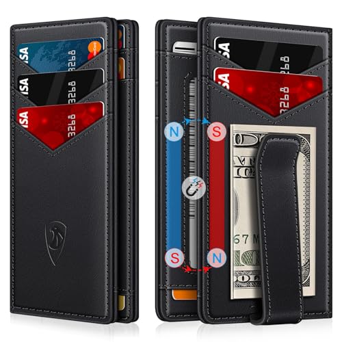 Wallet for Men Slim Leather Wallets for 12-15 Cards, Minimalist Thin RFID Blocking Card Holder with Money Clip & ID Window, Small Bifold Front Pocket Wallet, Gifts for Men