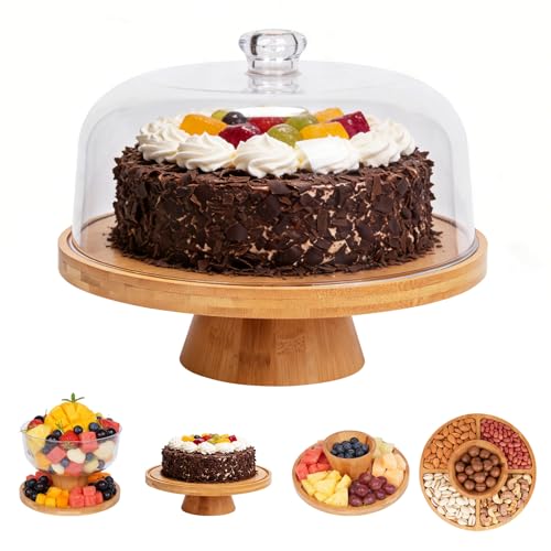 Stormshopping Bamboo Cake Stand with Lid 6 in 1 Multi-Function Cake Display Stand Large Serving Platter Wood Cake Board with Acrylic Dome Cover for Kitchen/Birthday/Picnic/Party/Charcuterie