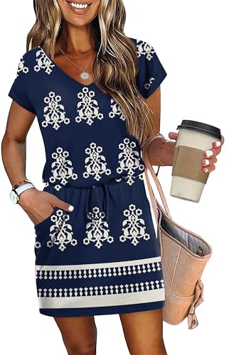 Image of OFEEFAN Summer Dresses for Women 2026 V Neck T Shirt Casual Mini Dresses Tie Waist Sundresses with Pockets
