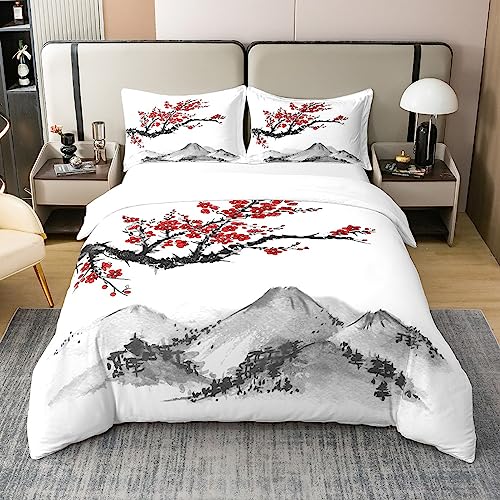 Homewish 100% algodón, funda nórdica 140x200 estilo japonés conjunto de ropa de cama estampado de flores de cerezo rojo para adultos mujeres adolescentes, juego de cama de pintura con tinta de monte