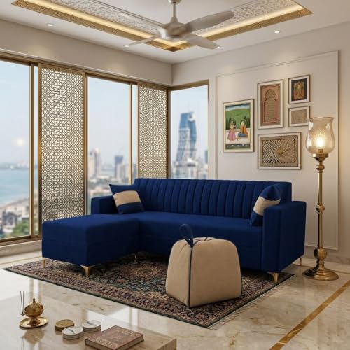 Image of FURNY Signature Regalia 4-Seater L-Shape Sofa Set with Movable Ottoman & Accent Suri Pouf | Flexible LHS /RHS Layout | Boston Fabric | 40D Foam + Zigzag Spring | 3-Yr Warranty (Midnight Blue, Beige)