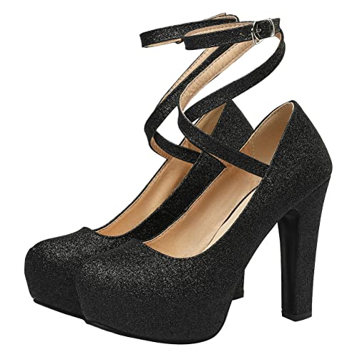 UniqueStride Womens Hidden Platform Block High Heel Sequin Glitter Pumps Chunky Heels Cross Strap Round Toe Wedding Bridal Party Shoes2