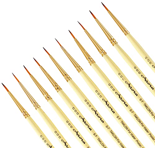 Image of Arora Detail and Script Liner Round Paintbrush of 000 Number Fine Set of 10 for Watercolor, Acrylic and Intricate Painting Yellow, Wood