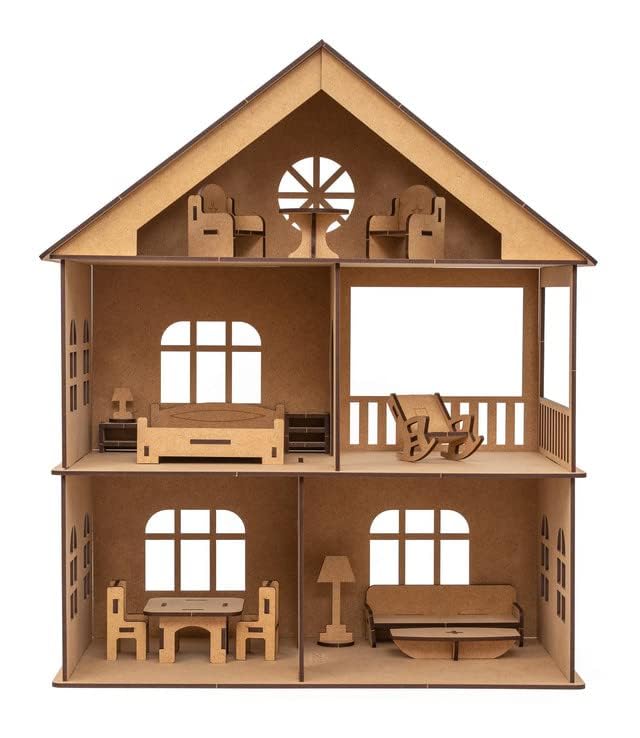 Image of Panda World Wooden Toy House with Furniture for Kids, Doll House, Miniature Toy Building, DIY Construction Kit with Assembly Instructions, Wooden Doll House for Girls and Boys