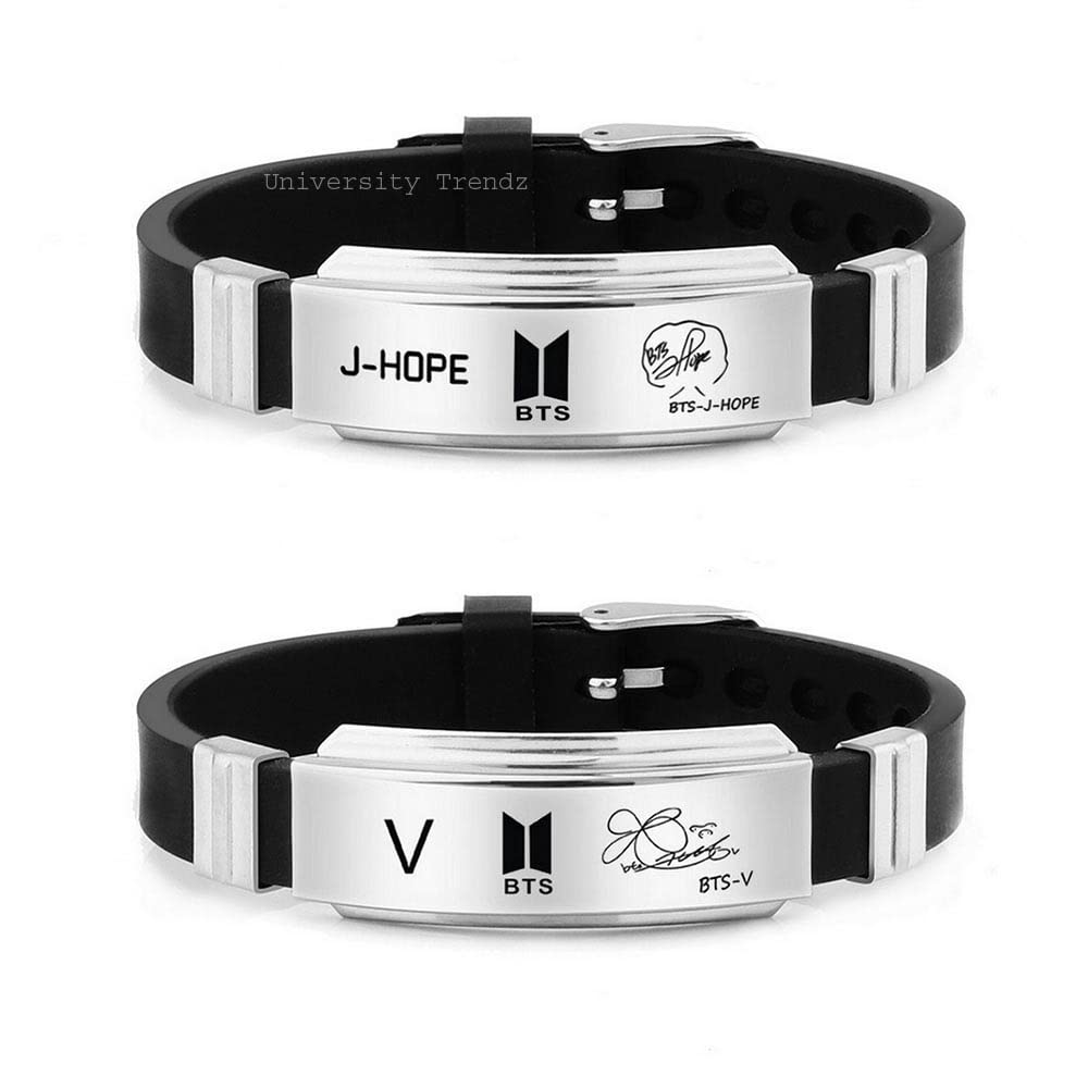 J-Hope & V Signature Printing Stainless Steel Silicon Wristband Unisex Bracelet (Pack of 2)