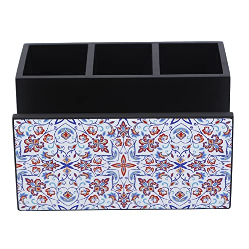 Image of Reinvention Factory Wooden Cutlery Holder I Countertop Organizer - Spoon Fork Knife Napkin Tissue Paper I Desk Supplies Pencil Pen Stationery Stand I Home & Kitchen I Size 7 inch X 5 inch X 4 inch Turkish Mandala