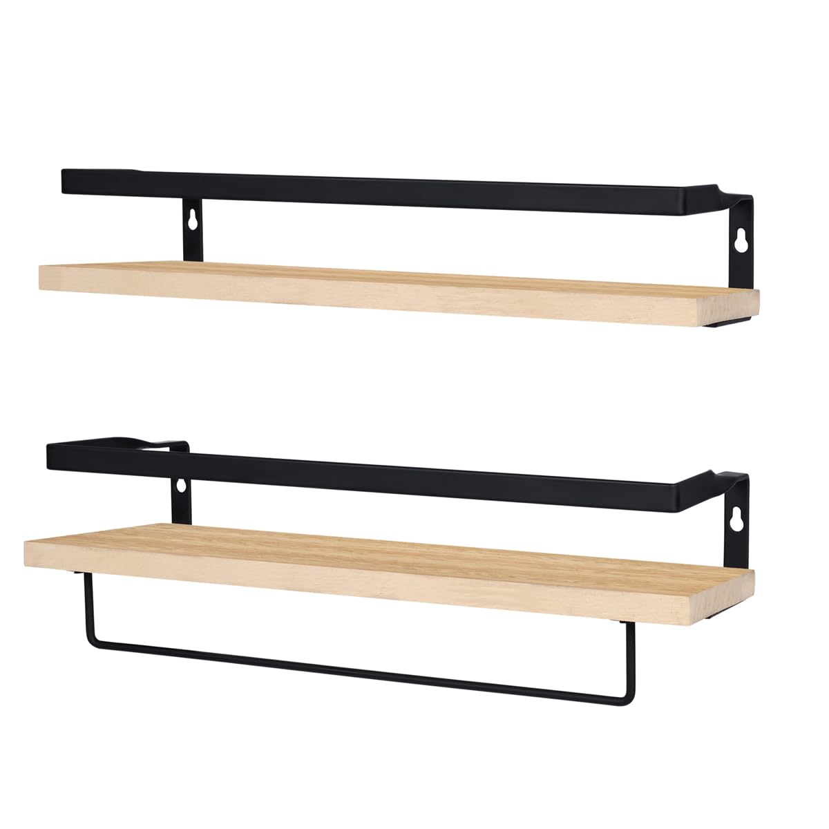 T-LOVENDO.ES Baldas Pared, Estantes de Pared, Juego de 2, Flotante, de Madera, 42 cm, Marco de Metal, Colgante, con Toallero, Barra para Trapos, para Dormitorio, Cocina, Baño, Sala de Estar